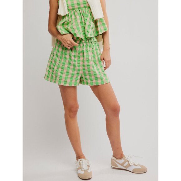 FREE PEOPLE Get Free Seersucker Pull On Shorts / Exotic Lime Combo - Picture 6 of 13